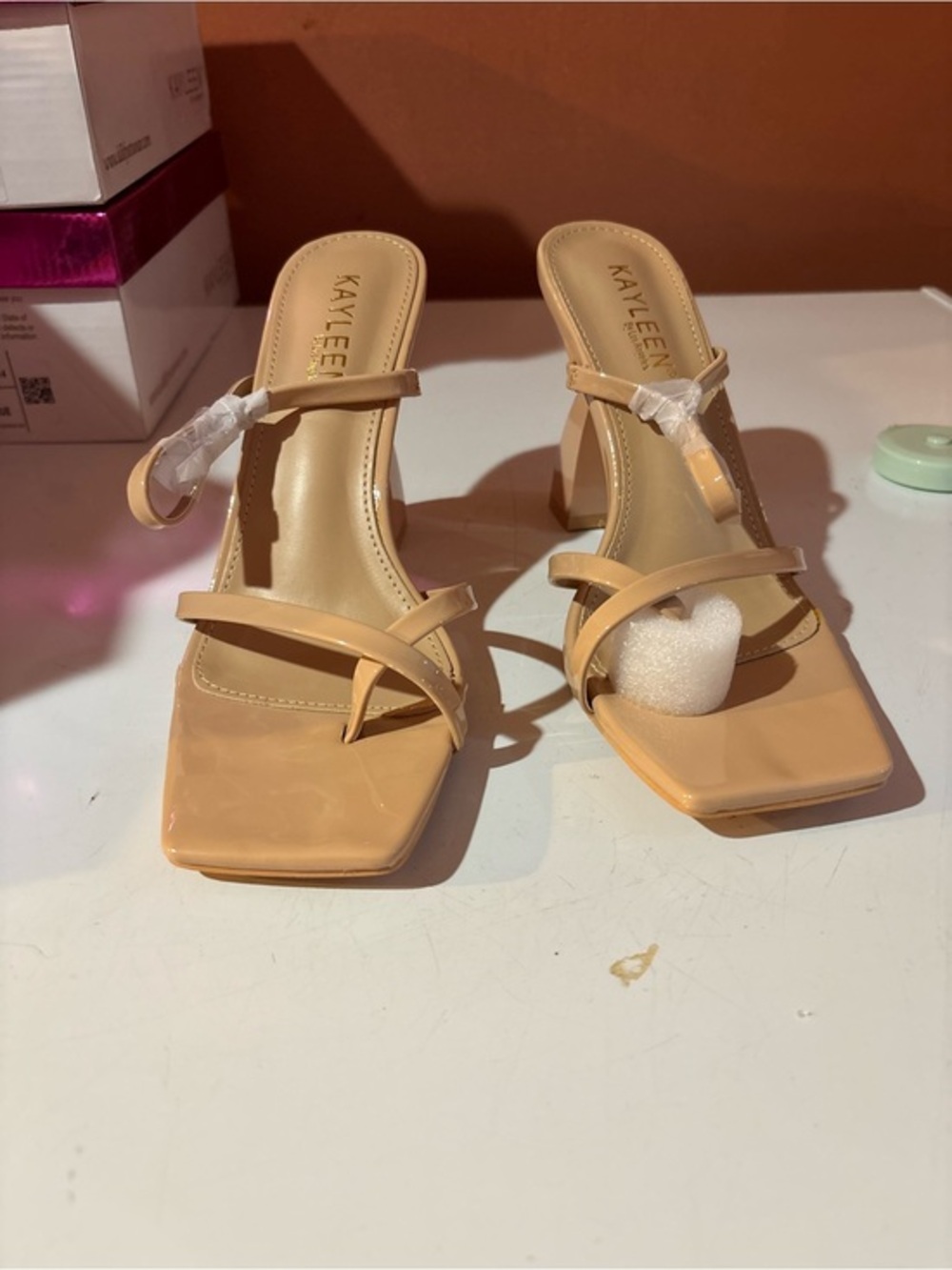 KAYLEEN By Los Angeles Beige Patent Square-Toe Strappy Block Heels